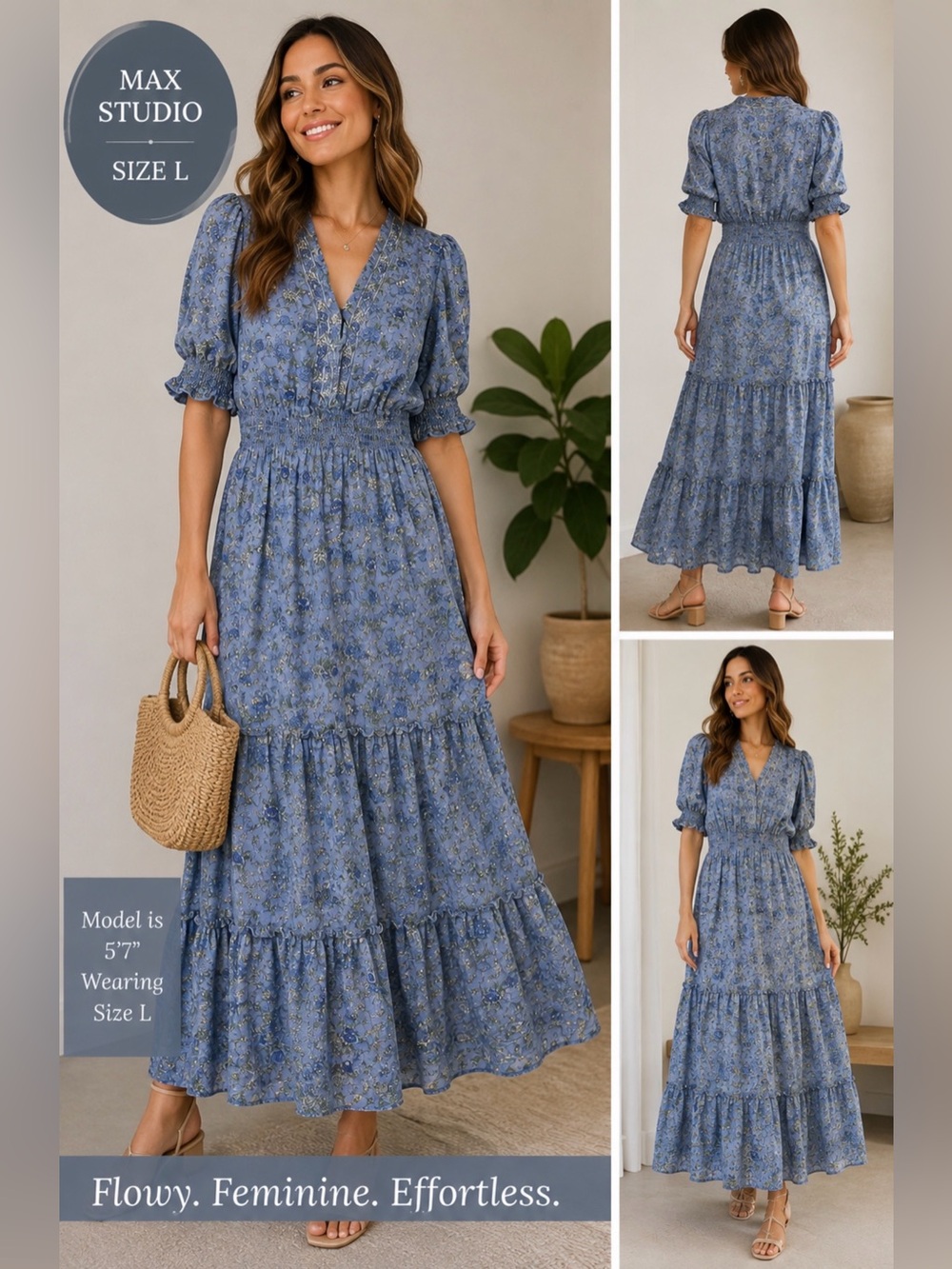 Max Studio Blue Floral Tiered Maxi Dress Size L Smocked Waist